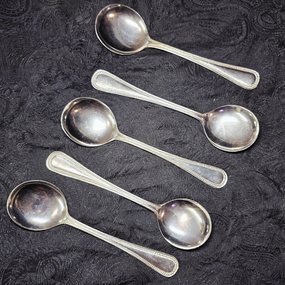Vintage 30 ABC Kyle Silverplate Soup Spoons Set of 5 Seidenbach's Felt Wrap - Picture 4 of 14